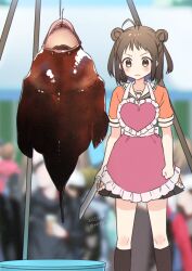 Rule 34 | 1girl, anglerfish, antenna hair, apron, blurry, blurry background, blush, brown eyes, brown hair, bucket, clenched hand, closed mouth, double bun, fish, frilled apron, frills, hair bun, heart apron, holding, holding knife, kantai collection, knife, koruri, naka (kancolle), pink apron, sailor collar, short sleeves, skirt, solo, wavy mouth, white sailor collar