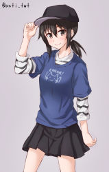 Rule 34 | 1girl, alternate costume, anti (untea9), baseball cap, black hair, black skirt, blue shirt, brown eyes, commentary request, contrapposto, cowboy shot, fubuki (kancolle), grey background, hat, highres, holding, holding clothes, holding hat, kantai collection, looking at viewer, pleated skirt, ponytail, shirt, shirt under shirt, sidelocks, simple background, skirt, smile, solo, standing, striped clothes, striped shirt, t-shirt, twitter username, white shirt