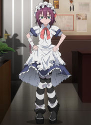 Rule 34 | 1girl, :&lt;, green eyes, highres, loose thighhigh, maid, maid headdress, merry nightmare, non-web source, pantyhose, purple hair, screencap, short hair, socks, solo, stitched, striped clothes, striped pantyhose, striped socks, tattoo, thighhighs, third-party edit, yumekui merry