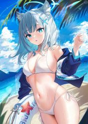 Rule 34 | 1girl, absurdres, animal ear fluff, animal ears, bare shoulders, beach, bikini, blue archive, blue eyes, blue jacket, blue sky, blurry, blush, breasts, cleavage, cloud, collarbone, cowboy shot, day, depth of field, dutch angle, hair ornament, hairclip, halo, hand up, highres, holding, holding swim ring, hwa sawa, innertube, jacket, lens flare, looking at viewer, medium breasts, mismatched pupils, multi-strapped bikini, navel, ocean, off shoulder, open clothes, open jacket, outdoors, parted lips, shiroko (blue archive), side-tie bikini bottom, skindentation, sky, standing, starfish, stomach, string bikini, sunlight, swim ring, swimsuit, symbol in eye, thighs, water, wet, white bikini, white hair, x hair ornament