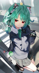 Rule 34 | 1girl, absurdres, animal ears, bag, blouse, blush, cat ears, cat girl, closed mouth, collared shirt, commentary request, from above, green hair, hair ornament, highres, hololive, loafers, long sleeves, looking at viewer, low twintails, people, plaid, plaid skirt, pleated skirt, red eyes, school uniform, scottie (phantom2), shirt, shoes, short hair, skirt, skull hair ornament, sleeves past fingers, sleeves past wrists, smile, solo focus, twintails, uruha rushia, virtual youtuber, white shirt