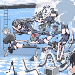 6+girls black_eyes black_socks blush bow hair_ornament lokulo_no_mawashimono long_hair lowres multiple_girls one-piece_swimsuit ponytail pool pool_ladder red_bow school_swimsuit short_hair socks splashing submerged swimming swimsuit twintails underwater