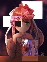 Rule 34 | 1girl, blazer, blood, blood on clothes, blush, bow, brown hair, brown jacket, closed mouth, crossed fingers, desk, doki doki literature club, glitch, green eyes, hair ornament, hairclip, horror (theme), interlocked fingers, jacket, long hair, looking at viewer, monika (doki doki literature club), nagokuma, natsuki (doki doki literature club), night, night sky, noose, own hands clasped, own hands together, pink hair, ponytail, purple hair, red bow, ribbon, rope, sayori (doki doki literature club), school uniform, short hair, sky, smile, space, spoilers, star (sky), white ribbon, yuri (doki doki literature club)