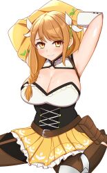 Rule 34 | 1girl, armpits, arms up, belt, breasts, brown belt, brown hair, cleavage, commentary request, corset, fire emblem, fire emblem engage, goldmary (fire emblem), grin, hair ribbon, highres, kirby lord, large breasts, long hair, looking at viewer, miniskirt, nintendo, pleated skirt, ribbon, simple background, skirt, smile, solo, undressing, white background, white ribbon, yellow eyes, yellow skirt