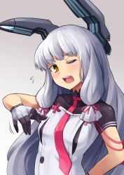 Rule 34 | 10s, 1girl, blush, delta monster, flying sweatdrops, gloves, head tilt, headgear, kantai collection, long hair, multicolored clothes, multicolored gloves, murakumo (kancolle), murakumo kai ni (kancolle), necktie, open mouth, orange eyes, red necktie, short eyebrows, silver hair, solo, very long hair, wince