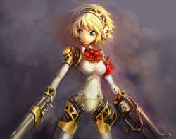 Rule 34 | 1girl, aegis (persona), android, arm cannon, armband, atlus, blonde hair, blue eyes, bow, bowtie, dual wielding, gun, handgun, holding, persona, persona 3, pondel, revolver, short hair, solo, weapon