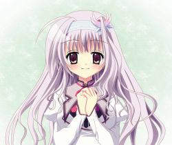 Rule 34 | 1girl, amaha miu, blush, breasts, brown eyes, female focus, gradient background, hairband, long hair, mashiroiro symphony, own hands clasped, own hands together, pigma, purple hair, ribbon, school uniform, smile, solo, uniform, upper body