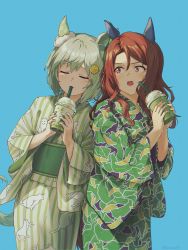 Rule 34 | 2girls, alternate costume, animal ears, blue background, brown hair, closed eyes, cup, disposable cup, drinking, ear covers, frappuccino, green hair, green kimono, green theme, hair between eyes, hair ornament, hair scrunchie, hairclip, highres, holding, holding cup, horse ears, horse girl, japanese clothes, kaede (harutan109), kimono, king halo (umamusume), long hair, looking at another, matcha (food), multiple girls, obi, red eyes, sash, scrunchie, seiun sky (umamusume), short hair, simple background, striped clothes, striped kimono, umamusume, white scrunchie, yukata