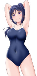 Rule 34 | 1girl, armpits, arms up, black hair, black one-piece swimsuit, blue one-piece swimsuit, blush, breasts, closed mouth, commentary request, covered navel, cowboy shot, highres, long hair, looking at viewer, love live!, love live! sunshine!!, matsuura kanan, medium breasts, one-piece swimsuit, ponytail, purple eyes, sidelocks, simple background, smile, solo, standing, swimsuit, white background, yopparai oni