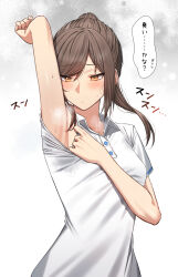 Rule 34 | 1girl, absurdres, arm up, armpits, blush, breasts, brown hair, closed mouth, collared shirt, commentary, furrowed brow, grey background, highres, kuro imu, looking down, medium breasts, medium hair, orange eyes, original, paid reward available, ponytail, shirt, simple background, smell, smelling, smelling self, solo, sportswear, steaming body, sweat, swept bangs, tennis uniform, translated, upper body, white background, white shirt, wing collar