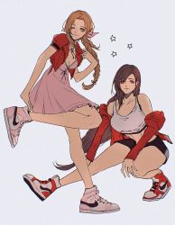 Rule 34 | 2girls, adjusting footwear, aerith gainsborough, alternate costume, alternate footwear, asymmetrical bangs, bare shoulders, black shorts, braid, braided ponytail, breasts, casual, choker, cleavage, crop top, cropped jacket, dress, final fantasy, final fantasy vii, final fantasy vii remake, flower choker, full body, green eyes, grey background, hair between eyes, hair over one eye, hair ribbon, hand on own chest, high tops, jacket, jacket partially removed, large breasts, leg up, legs, long hair, long sleeves, looking at viewer, medium breasts, midriff, multiple girls, nike (company), one eye closed, parted bangs, pink footwear, pink ribbon, red eyes, red footwear, red jacket, ribbon, sera (serappi), shirt, shoes, short dress, short sleeves, shorts, sidelocks, sleeveless, sleeveless shirt, smile, sneakers, square enix, squatting, star (symbol), straight hair, stretching, tifa lockhart, wavy hair, white shirt