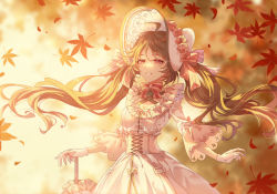 Rule 34 | 1girl, :d, absurdres, ahoge, ambience synesthesia, arknights, autumn leaves, backlighting, bonnet, bow, bowtie, breasts, brown hair, cleavage, closed umbrella, corset, day, dress, eyjafjalla (arknights), falling leaves, flower, gloves, hat, hat flower, highres, holding, holding umbrella, horns, innoarukugyou, leaf, long hair, long sleeves, maple leaf, official alternate costume, open mouth, outdoors, parted lips, photoshop (medium), pink bow, pink bowtie, pink flower, pink rose, red eyes, rose, sheep horns, smile, solo, sparkle, twintails, umbrella, very long hair, white dress, white gloves, white hat