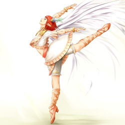 Rule 34 | 00s, 1girl, arched back, blue eyes, breasts, dancing, final fantasy, final fantasy xi, happy, leg up, lilisette baloumat, lucifa, navel, open mouth, pointy ears, profile, red hair, short hair, simple background, solo, standing, standing on one leg, white background