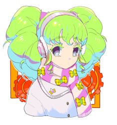 Rule 34 | 1girl, bow, closed mouth, coat, colored eyelashes, cropped torso, expressionless, falulu, gears, green hair, grey eyes, headphones, long hair, looking at viewer, moudoku (decopon3rd), pink scarf, pretty series, pripara, scarf, sidelocks, solo, striped clothes, striped scarf, twintails, upper body, white coat, winter clothes, yellow bow