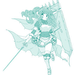 Rule 34 | 1girl, alternate weapon, armored boots, arms at sides, belt, blunt bangs, boots, breasts, closed mouth, dot nose, facing viewer, floating hair, foot up, full body, futaba sana, gloves, green theme, hair bobbles, hair ornament, head tilt, highres, holding, holding shield, holding sword, holding weapon, jewelry, knee pads, knees together feet apart, large breasts, layered skirt, light blush, light smile, looking afar, magia record: mahou shoujo madoka magica gaiden, mahou shoujo madoka magica, monochrome, necklace, pale color, ribbed sweater, shield, sidelocks, sideways glance, simple background, skirt, solo, standing, standing on one leg, sweater, sword, takahero, tareme, thigh boots, thighhighs, thighs, tiara, turtleneck, turtleneck sweater, twintails, veil, waist cape, wavy hair, weapon, white background, wide-eyed, zettai ryouiki