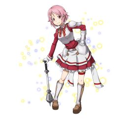 Rule 34 | 1girl, apron, armor, boots, breastplate, brown footwear, closed mouth, frilled skirt, frills, full body, gauntlets, gloves, hair ornament, hairclip, hand on hilt, hand on own hip, highres, knee boots, leaning to the side, lisbeth (sao), long sleeves, miniskirt, neck ribbon, official art, pink hair, pleated skirt, red eyes, red ribbon, red shirt, red skirt, ribbon, shirt, short hair, skirt, smile, solo, standing, sword art online, sword art online: code register, thigh strap, transparent background, waist apron, war hammer, weapon, white apron, white gloves