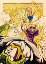 Rule 34 | 2boys, aura, battle, blonde hair, cell (dragon ball), clenched hands, commentary, dougi, dragon ball, dragonball z, dust, dutch angle, electricity, face punch, fighting stance, green eyes, highres, in the face, lee (dragon garou), male focus, mountain, multiple boys, one eye closed, open mouth, outdoors, outside border, perfect cell, punching, red eyes, rock, short hair, smoke, son gohan, spiked hair, super saiyan, super saiyan 2, upper body, veins, wristband