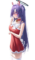 Rule 34 | 1girl, @ @, alternate costume, bare shoulders, bell, black halo, blue archive, blue eyes, breasts, choker, christmas, closed mouth, collarbone, commentary request, dress, fake antlers, halo, highres, jingle bell, long hair, looking at viewer, medium breasts, melt (melt out1), neck bell, purple hair, red choker, red dress, simple background, solo, thighhighs, thighs, white background, white thighhighs, yuuka (blue archive), zettai ryouiki