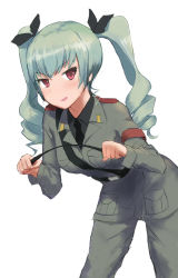 Rule 34 | 10s, 1girl, anchovy (girls und panzer), blush, breasts, drill hair, figurehead (artist), girls und panzer, green hair, leaning forward, necktie, red eyes, riding crop, solo, tongue, tongue out, uniform