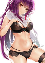 Rule 34 | 1girl, bare shoulders, black bra, black panties, black thighhighs, blush, bra, breasts, cleavage, closed mouth, fate/grand order, fate (series), fishnet thighhighs, fishnets, hair between eyes, hands on own chest, large breasts, long hair, looking at viewer, navel, panties, purple hair, red eyes, scathach (fate), seiru (prairie), signature, simple background, smile, solo, thighhighs, thighs, towel, towel around neck, underwear, white background