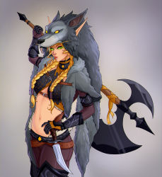 Rule 34 | 1girl, player character (wow), axe, blonde hair, blood elf (warcraft), braid, elf, glowing, glowing eyes, green eyes, holding, holding weapon, long hair, long pointy ears, looking at viewer, pelt, pointy ears, sienna artwork, twin braids, warcraft, warrior, weapon, worgen, world of warcraft