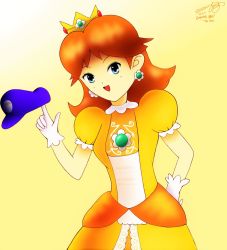 Rule 34 | 1girl, blue eyes, crown, dress, earrings, flower earrings, gem, gloves, grin, hand on own hip, hat, jewelry, looking at viewer, mario (series), nintendo, open mouth, orange dress, princess daisy, puffy short sleeves, puffy sleeves, short sleeves, smile, solo, standing, super mario land, super smash bros., tomboy, waluigi, white gloves
