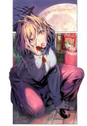 Rule 34 | 1girl, absurdres, ahoge, arcueid brunestud, blonde hair, blood, blood on face, blood on clothes, breasts, commentary request, dark persona, full body, full moon, hair intakes, hand on own face, head tilt, highres, large breasts, loafers, long skirt, looking at viewer, moon, red eyes, shoes, short hair, skirt, slit pupils, solo, squatting, sweater, tsukihime, turtleneck, turtleneck sweater, vampire, yasuda akira