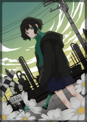 1girl black_hair black_jacket blue_skirt colored_inner_hair dutch_angle flashlight flower green_hair green_shirt green_sweater green_theme highres holding holding_flashlight hood hood_down hooded_jacket jacket multicolored_hair nira-chan road_sign sanagi02 shirt sign skirt sweater turtleneck turtleneck_sweater two-tone_hair white_flower zutto_mayonaka_de_ii_no_ni