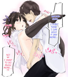 Rule 34 | 1boy, 1girl, black socks, blush, bottomless, brown eyes, brown hair, carrying, cl (h-sys.), clothed sex, collared shirt, faceless, faceless male, gradient background, hair ribbon, hard-translated, hat, heart, hetero, highres, himekaidou hatate, hug, interlocked fingers, kneehighs, leg lock, naked shirt, open mouth, pointy ears, pubic hair, ribbon, sex, shirt, socks, spoken heart, standing, suspended congress, sweat, tears, third-party edit, tokin hat, tongue, tongue out, touhou, translated, twintails, vaginal