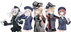 Rule 34 | 10s, 5girls, adjusting eyewear, anchor hair ornament, aqua eyes, bad id, bad twitter id, bare shoulders, beret, bespectacled, bismarck (kancolle), black legwear, blonde hair, blue-framed eyewear, blue eyes, blush, bottomless, breasts, brown eyes, brown gloves, brown hair, buttons, clothes writing, cowboy shot, cropped jacket, detached sleeves, flying sweatdrops, fujibejifu, garrison cap, glasses, gloves, hair ornament, hand to own mouth, hat, holding, kantai collection, long hair, long sleeves, low twintails, microskirt, military, military hat, military uniform, multiple girls, neckerchief, open mouth, pantyhose, peaked cap, prinz eugen (kancolle), puffy long sleeves, puffy sleeves, red-framed eyewear, sailor collar, sailor hat, short hair, sidelocks, simple background, skirt, thigh strap, trait connection, twintails, u-511 (kancolle), uniform, white background, white hair, z1 leberecht maass (kancolle), z3 max schultz (kancolle)