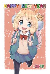 Rule 34 | 1girl, 2019, :d, animal ears, backpack, bag, black footwear, black pantyhose, blazer, blonde hair, blue eyes, blue jacket, blue skirt, boar, bow, bowtie, buttons, chinese zodiac, collared shirt, commentary request, hair bow, happy new year, holding, jacket, kirigaya yuuji, long hair, long sleeves, looking at viewer, miniskirt, new year, open clothes, open jacket, open mouth, original, pantyhose, pleated skirt, red bow, red bowtie, school uniform, shirt, shoes, skirt, sleeping bag, smile, solo, sweater, tareme, teeth, undershirt, upper teeth only, white shirt