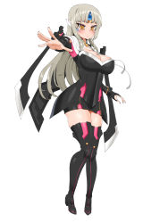Rule 34 | 1girl, absurdres, bad id, bad pixiv id, black thighhighs, blush, boots, breasts, cleavage, elsword, era (erasion), eve (elsword), full body, grey hair, headgear, high heels, highres, large breasts, long hair, looking at viewer, nail polish, pink nails, simple background, solo, standing, thigh boots, thighhighs, white background, yellow eyes