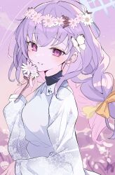 1girl atsuko_(blue_archive) blue_archive braid breasts dress flower grey_halo hair_flower hair_ornament halo highres long_hair long_sleeves looking_at_viewer medium_breasts open_mouth purple_hair red_eyes smile solo twin_braids upper_body utakapen white_dress white_flower