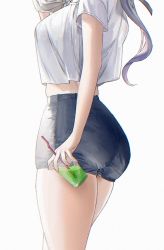 Rule 34 | 1girl, ass, black shorts, breasts, cowboy shot, cup, disposable cup, drink, from behind, grey hair, head out of frame, highres, holding, holding cup, large breasts, long hair, midriff, original, shirt, short shorts, short sleeves, shorts, simple background, sinomi, skindentation, solo, white background, white shirt