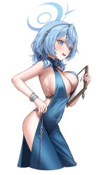 Rule 34 | 1girl, absurdres, ako (blue archive), ako (dress) (blue archive), blue archive, blue eyes, blue hair, breast press, breasts, cleavage, dress, halo, highres, large breasts, looking at viewer, mansu (user pnmp4287), nail polish, official alternate costume, open mouth, solo, tagme