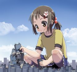 Rule 34 | 1girl, artist name, blouse, building, child, city, cloud, collarbone, commentary request, day, frilled socks, frills, giant, giantess, grabbing, hair bobbles, hair ornament, hairclip, hand up, holding, kneehighs, light brown hair, low twintails, orange eyes, original, outdoors, shapoco, shirt, short sleeves, signature, skirt, sky, smile, socks, solo, squatting, twintails, twitter username, watermark, yellow shirt