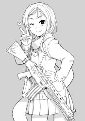 Rule 34 | 1girl, assault rifle, battle rifle, borrowed character, enpera, fn fal, grey background, greyscale, gun, hand on own hip, hand up, heart, howa type 89, itou (onsoku tassha), jacket, long scarf, long sleeves, looking at viewer, machine gun, medium hair, monochrome, one eye closed, original, pleated skirt, rifle, scarf, simple background, skirt, solo, standing, v, vest, weapon, white background