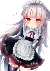 Rule 34 | 1girl, alternate costume, apron, azur lane, bad id, bad pixiv id, black dress, black thighhighs, blunt bangs, blush, brown eyes, closed mouth, commentary request, cowboy shot, dress, dutch angle, enmaided, flying sweatdrops, frilled apron, frilled dress, frills, highres, long hair, looking at viewer, maid, maid apron, maid headdress, mole, mole under eye, puffy short sleeves, puffy sleeves, short sleeves, sidelocks, silver hair, simple background, solo, tattoo, thighhighs, touwa iyo, very long hair, white apron, white background, z46 (azur lane)