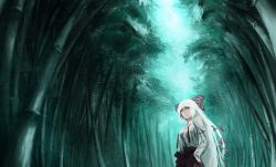 Rule 34 | 1girl, akai kitsune, bad id, bad pixiv id, bamboo, bamboo forest, bow, female focus, forest, fujiwara no mokou, hair bow, hands in pockets, highres, long hair, nature, red eyes, solo, suspenders, touhou, very long hair, white hair
