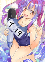 Rule 34 | 1girl, barefoot, blue hair, blue one-piece swimsuit, breasts, fang, feet out of frame, hair ribbon, highres, holding, holding torpedo, i-19 (kancolle), kantai collection, large breasts, long hair, looking at viewer, mizuta kenji, name tag, one-hour drawing challenge, one-piece swimsuit, red eyes, ribbon, school swimsuit, signature, skin fang, solo, star-shaped pupils, star (symbol), swimsuit, symbol-shaped pupils, torpedo, translation request, tri tails, twintails, twitter username