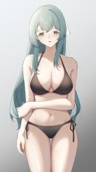 Rule 34 | 1girl, absurdres, arm across waist, arm at side, assault lily, bare arms, bare shoulders, bikini, black bikini, bow, breasts, cleavage, collarbone, commentary request, cowboy shot, crossed bangs, gradient background, green eyes, green hair, grey background, groin, hair bow, halterneck, hand on own arm, highres, kaswen, large breasts, light blush, long hair, looking at viewer, navel, parted lips, side-tie bikini bottom, sidelocks, solo, standing, stomach, swimsuit, thigh gap, toki kureha, very long hair, wavy hair, white bow