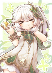 Rule 34 | &gt; &lt;, 1girl, blush, bracelet, cake, closed mouth, commentary request, dress, food, genshin impact, green hair, hair ornament, hand on own cheek, hand on own face, highres, holding, holding food, jewelry, kareya, multicolored hair, nahida (genshin impact), pointy ears, side ponytail, sleeveless, sleeveless dress, solo, thighs, two-tone hair, white dress, white hair