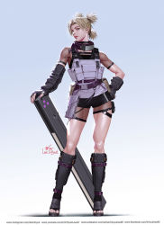 Rule 34 | 1girl, blonde hair, contrapposto, fingerless gloves, fishnets, forehead protector, full body, gloves, gradient background, hand on own hip, highres, in-hyuk lee, nail polish, naruto (series), naruto shippuuden, pink nails, pouch, quad tails, sandals, shin guards, short shorts, shorts, signature, solo, sunagakure symbol, temari (naruto), watermark, web address