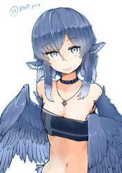 Rule 34 | 1girl, animal ears, bare shoulders, bird ears, bird wings, blue feathers, blue hair, blue wings, choker, cross, cross necklace, feather hair, feathered wings, feathers, grey eyes, harpy, jewelry, midriff, miura (rnd.jpg), monster girl, navel, necklace, open mouth, original, rnd.jpg (artist), simple background, solo, strapless, tube top, twitter username, white background, winged arms, wings