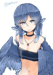 1girl animal_ears bare_shoulders bird_ears bird_wings blue_feathers blue_hair blue_wings choker cross cross_necklace feather_hair feathered_wings feathers grey_eyes harpy jewelry midriff miura_(rnd.jpg) monster_girl navel necklace open_mouth original rnd.jpg_(artist) simple_background solo strapless tube_top twitter_username white_background winged_arms wings