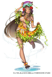 Rule 34 | 1girl, :d, animal, animal on head, arm up, armlet, bare shoulders, blush, breasts, brown eyes, brown hair, cleavage, clothes lift, dark-skinned female, dark skin, flower, flower skirt, frog, full body, hair flower, hair ornament, hair ribbon, jewelry, large breasts, long hair, looking at viewer, medallion, midriff, necklace, official art, on head, open mouth, plant, puddle, purple ribbon, ribbon, sandals, simple background, skirt, skirt lift, smile, solo, splashing, standing, standing on one leg, toad (mario), very long hair, white background, wristband, yuba no shirushi, zenmaibook