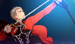 Rule 34 | 1boy, archer (fate), arrow (projectile), bow (weapon), drawing bow, fate/stay night, fate (series), holding bow (weapon), male focus, niu illuminator, solo, weapon, white hair