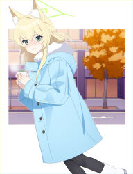 Rule 34 | 1girl, animal ear fluff, animal ears, black pantyhose, blonde hair, blue archive, blue coat, blush, boots, coat, coffee cup, cup, disposable cup, eko, fox ears, fur-trimmed coat, fur trim, green eyes, green halo, halo, highres, holding, holding cup, kurumi (blue archive), long hair, long sleeves, looking at viewer, open mouth, pantyhose, solo, white footwear