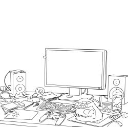 Rule 34 | arsenixc, bad id, bad twitter id, bottle, chips (food), computer, controller, cup, drawing tablet, food, game controller, greyscale, highres, keyboard (computer), lineart, monitor, monochrome, mouse (computer), no humans, original, pencil, plate, speaker, stylus, table, template, wacom, water bottle, webcam, white background
