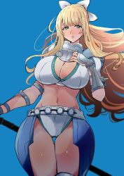 Rule 34 | 1girl, absurdres, armor, bikini, bikini armor, blonde hair, blue background, blue eyes, blush, bow, breasts, charlotte (fire emblem), cleavage, closed mouth, commentary, cowboy shot, expressionless, fire emblem, fire emblem fates, floating hair, hair bow, hand on own chest, highres, holding, holding weapon, large breasts, lips, long28, long hair, looking at viewer, navel, nintendo, shoulder armor, simple background, solo, standing, stomach, swimsuit, thigh gap, thighs, vambraces, weapon, white bikini, white bow